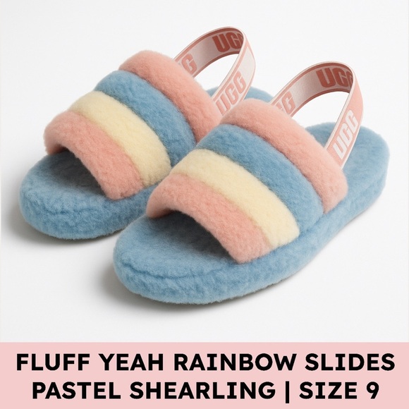 UGG Fluff Yeah Slide Rainbow Shearling Sandals Pastel Cozycore Size 9 - Picture 1 of 10